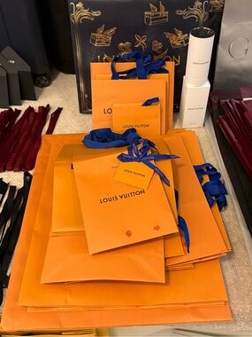 Louis Vuitton Orange Gift Bags with Blue Ribbon Accents